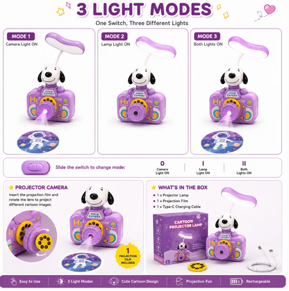Kids Cartoon Projector LED Table Lamp, 3 Light Modes, Rechargeable - Purple
